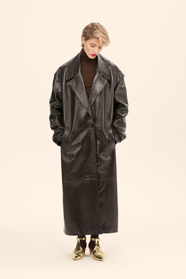 (((The Matrix))) leather trench coat, chocolate