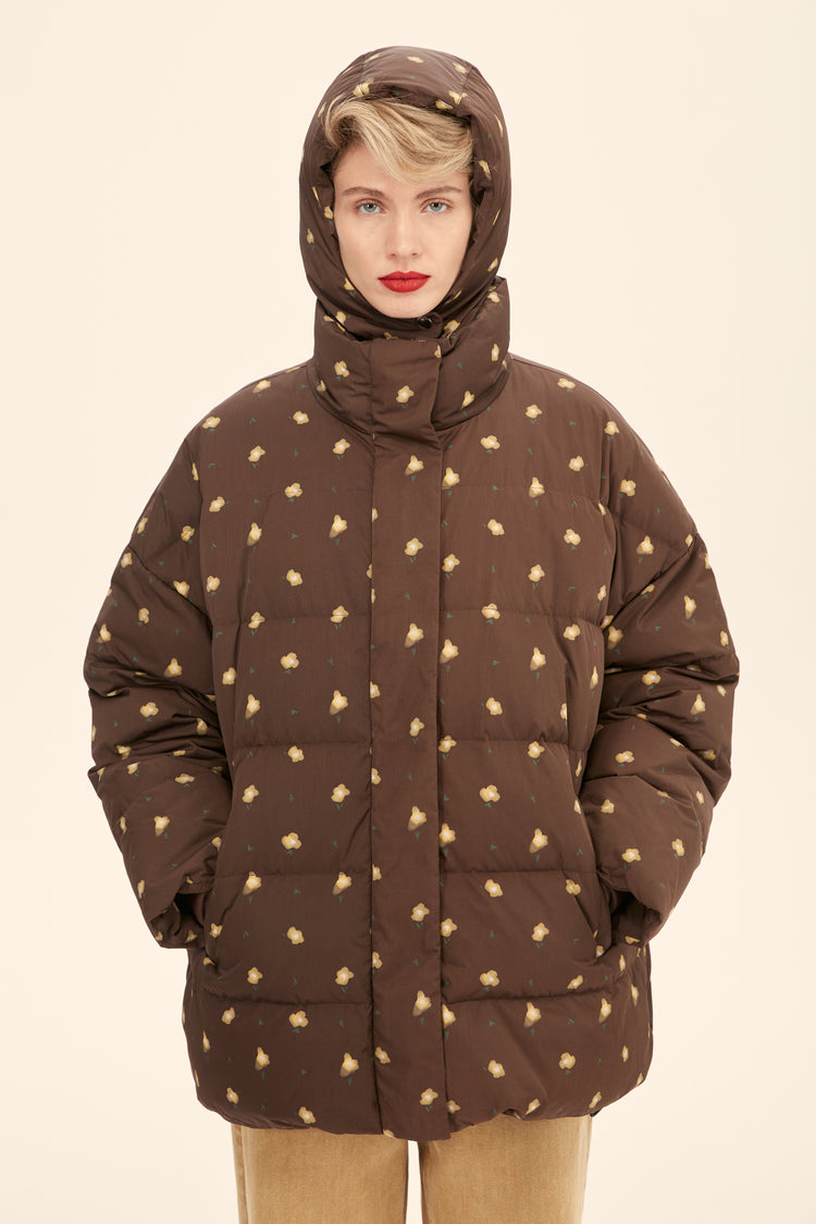(((Flower Power))) puffer jacket, chocolate