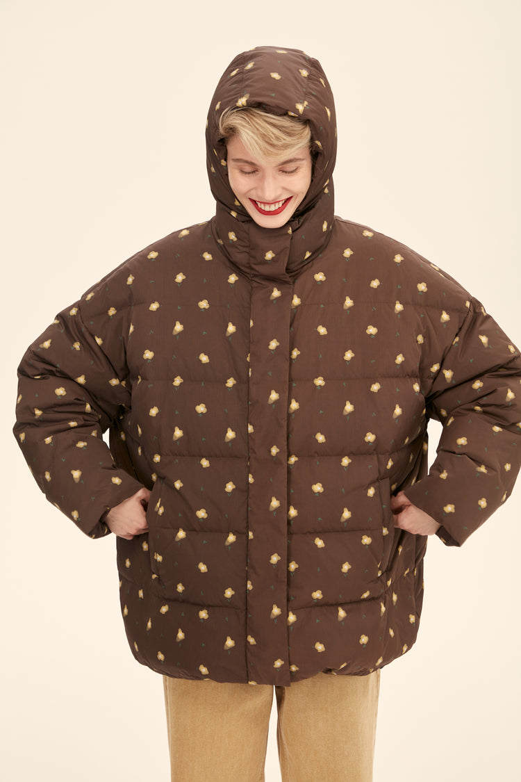 (((Flower Power))) puffer jacket, chocolate