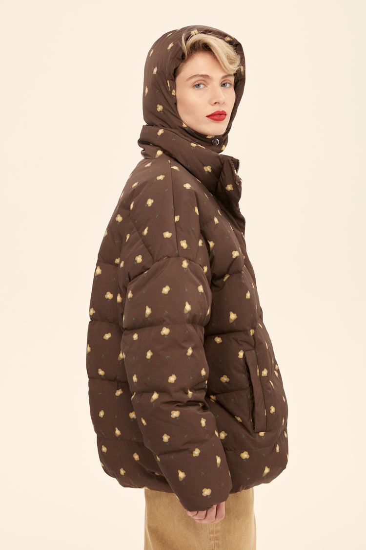 (((Flower Power))) puffer jacket, chocolate
