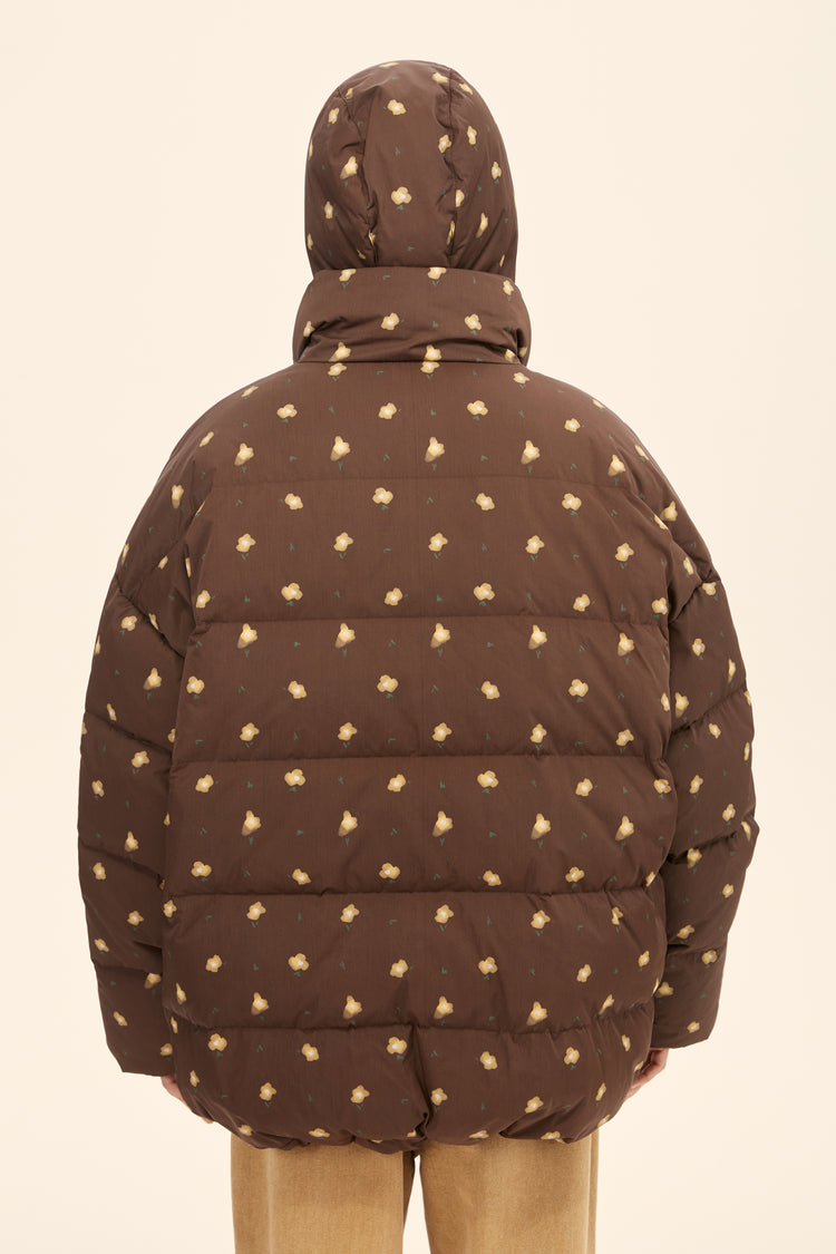 (((Flower Power))) puffer jacket, chocolate