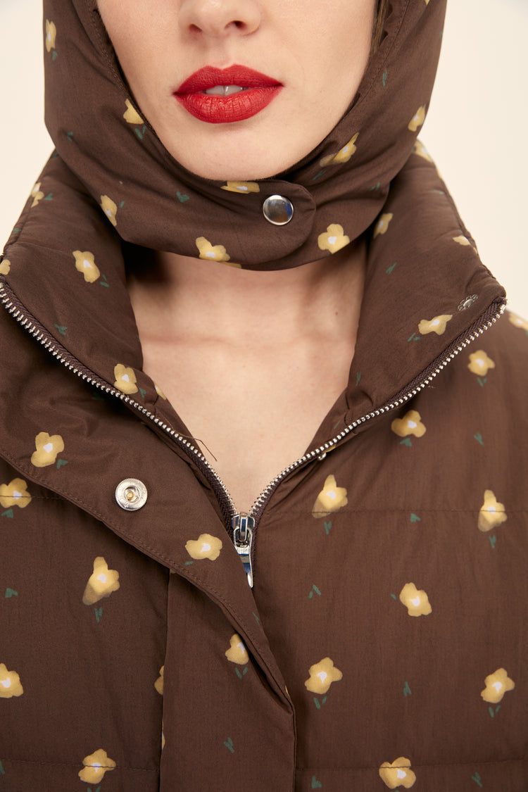 (((Flower Power))) puffer jacket, chocolate