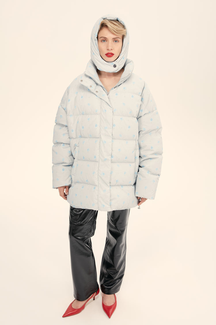 (((Flower Power))) puffer jacket, blue