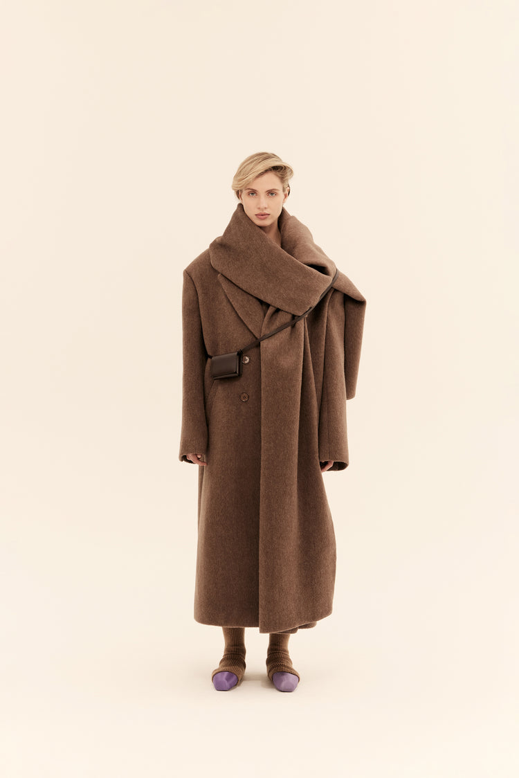 (((I'm worth it))) scarf coat, chocolate
