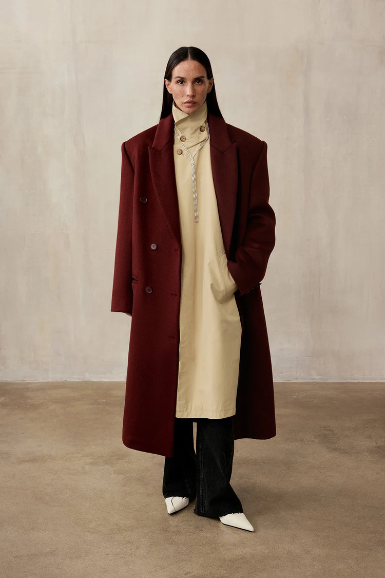 Double-breasted coat (((Power + dressing))), burgundy