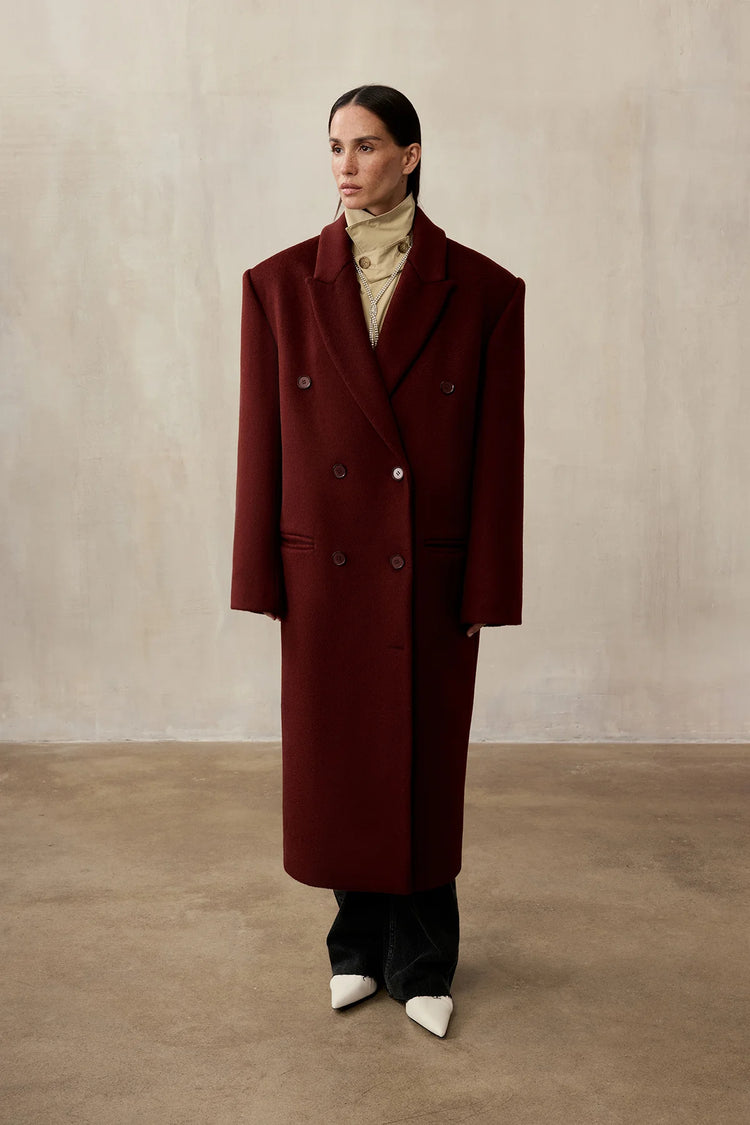 Double-breasted coat (((Power + dressing))), burgundy
