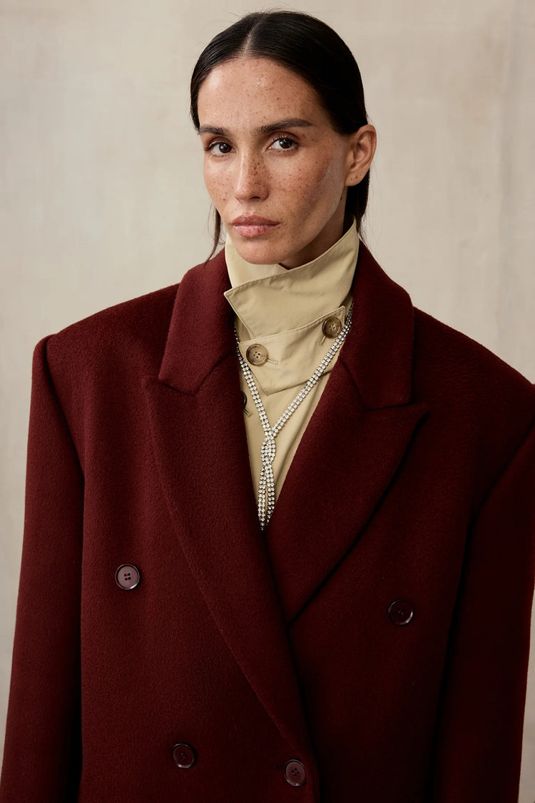 Double-breasted coat (((Power + dressing))), burgundy