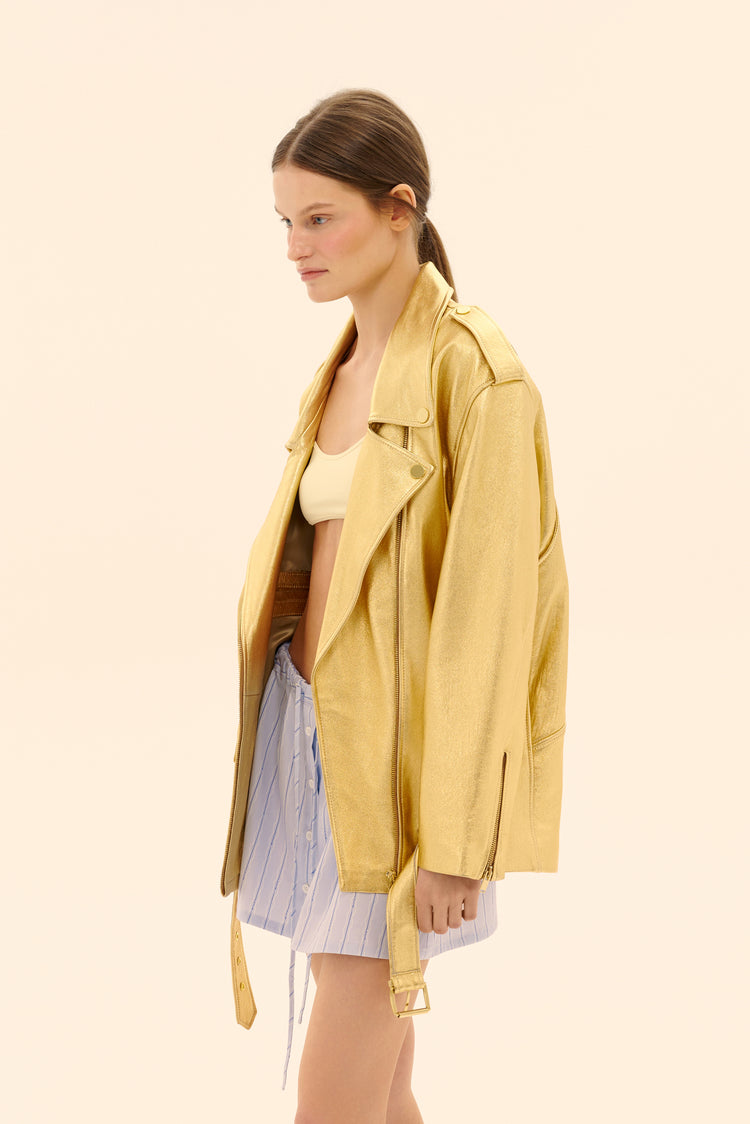 (((Gold Nugget))) leather jacket, gold