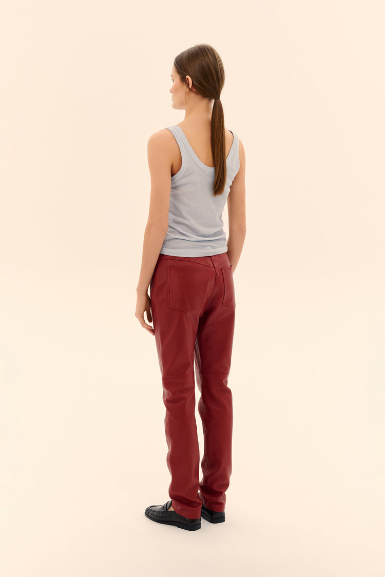 (Large Glass of House Red) leather trousers, burgundy