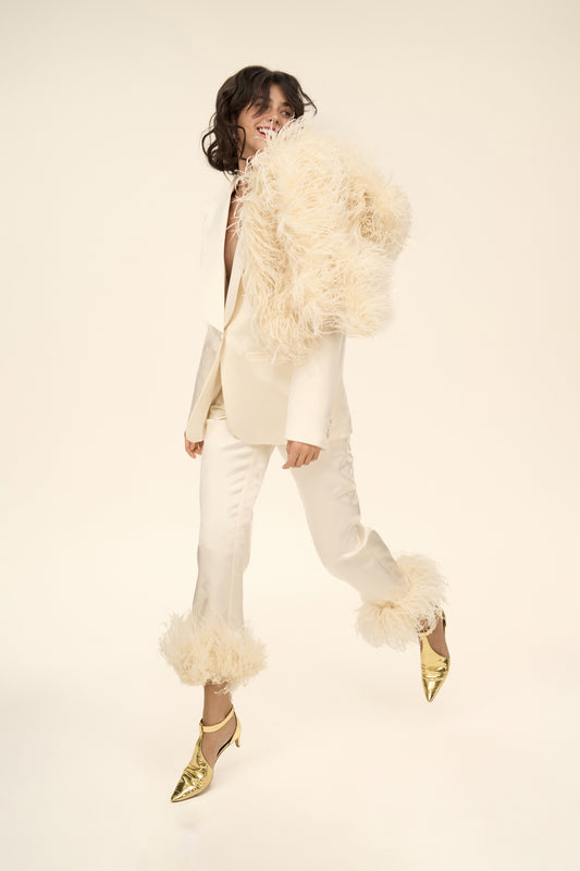 Jacket with feathers ((Little Party Never Killed Nobody)), milky