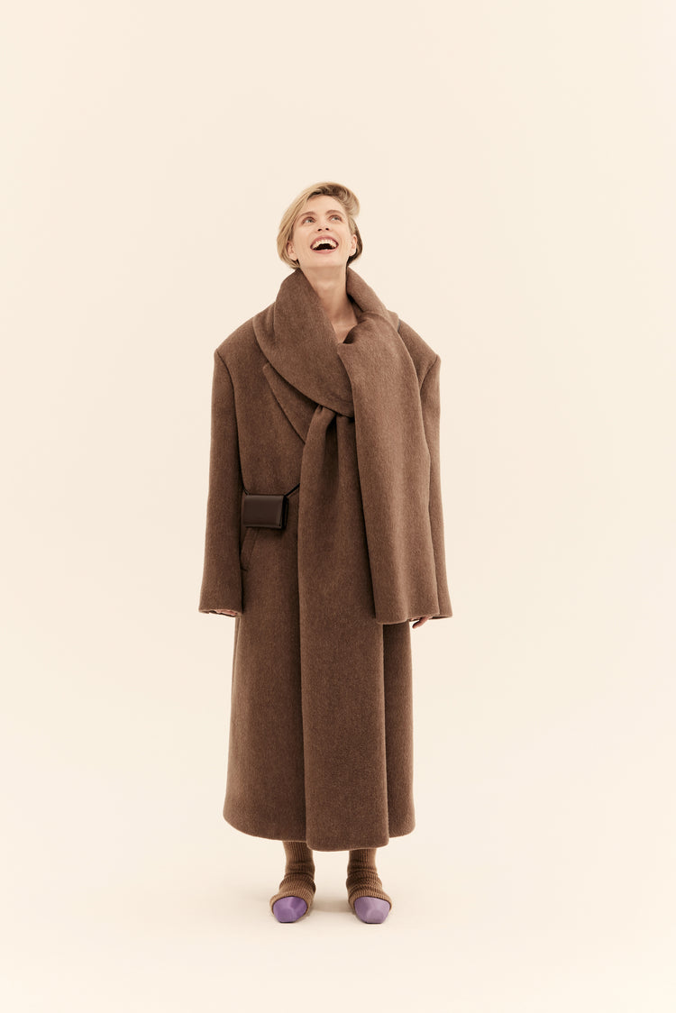 (((I'm worth it))) scarf coat, chocolate