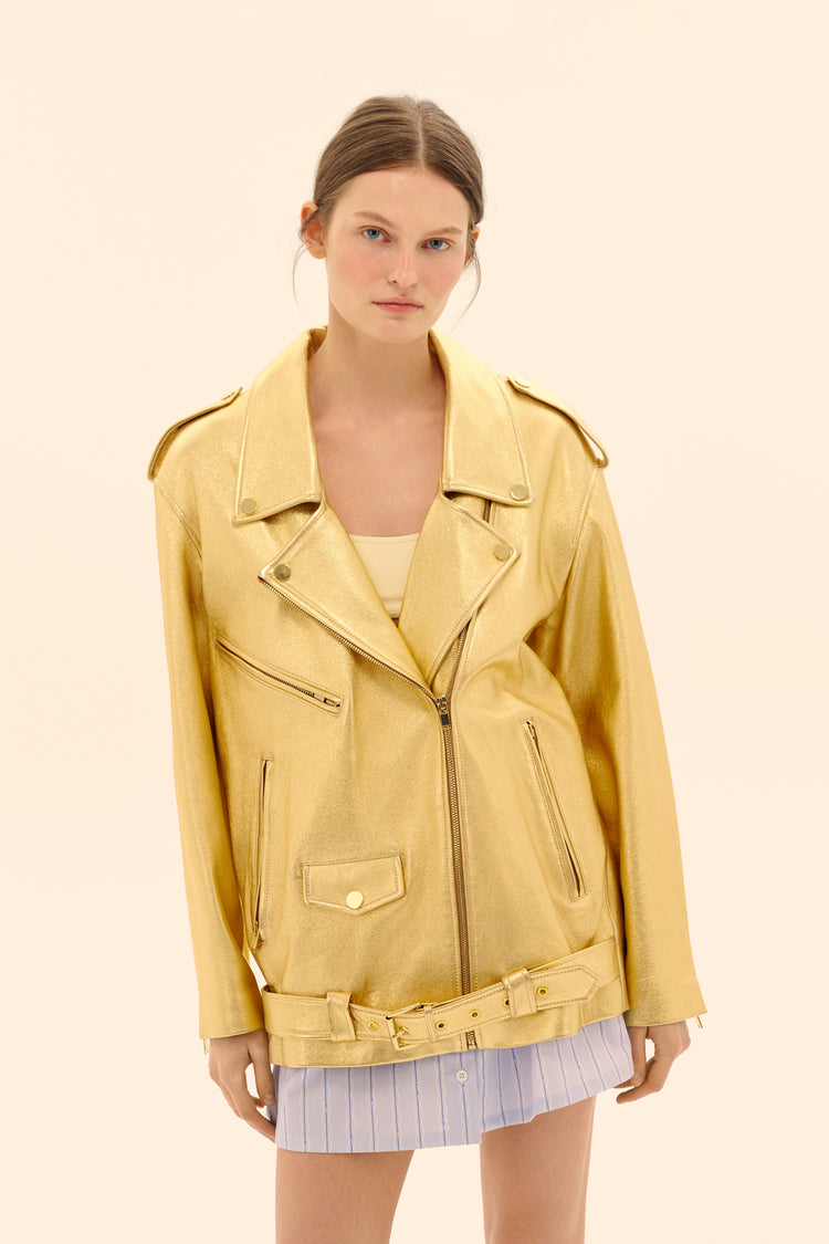 (((Gold Nugget))) leather jacket, gold