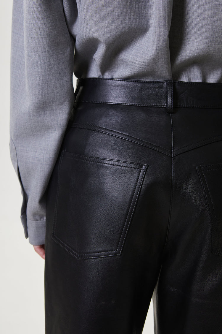 Low fit black 100% leather trousers
